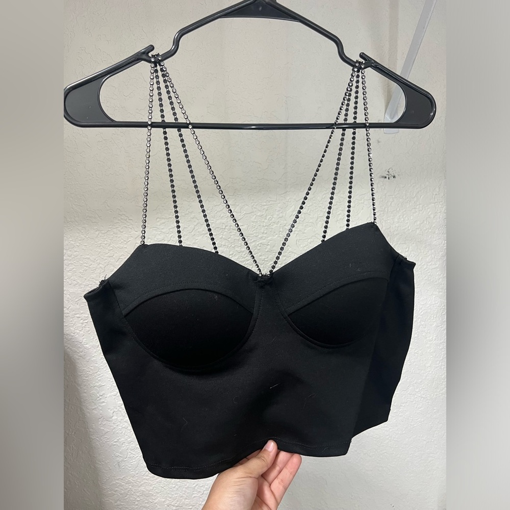 Black bustier rhinestone strap crop top tank